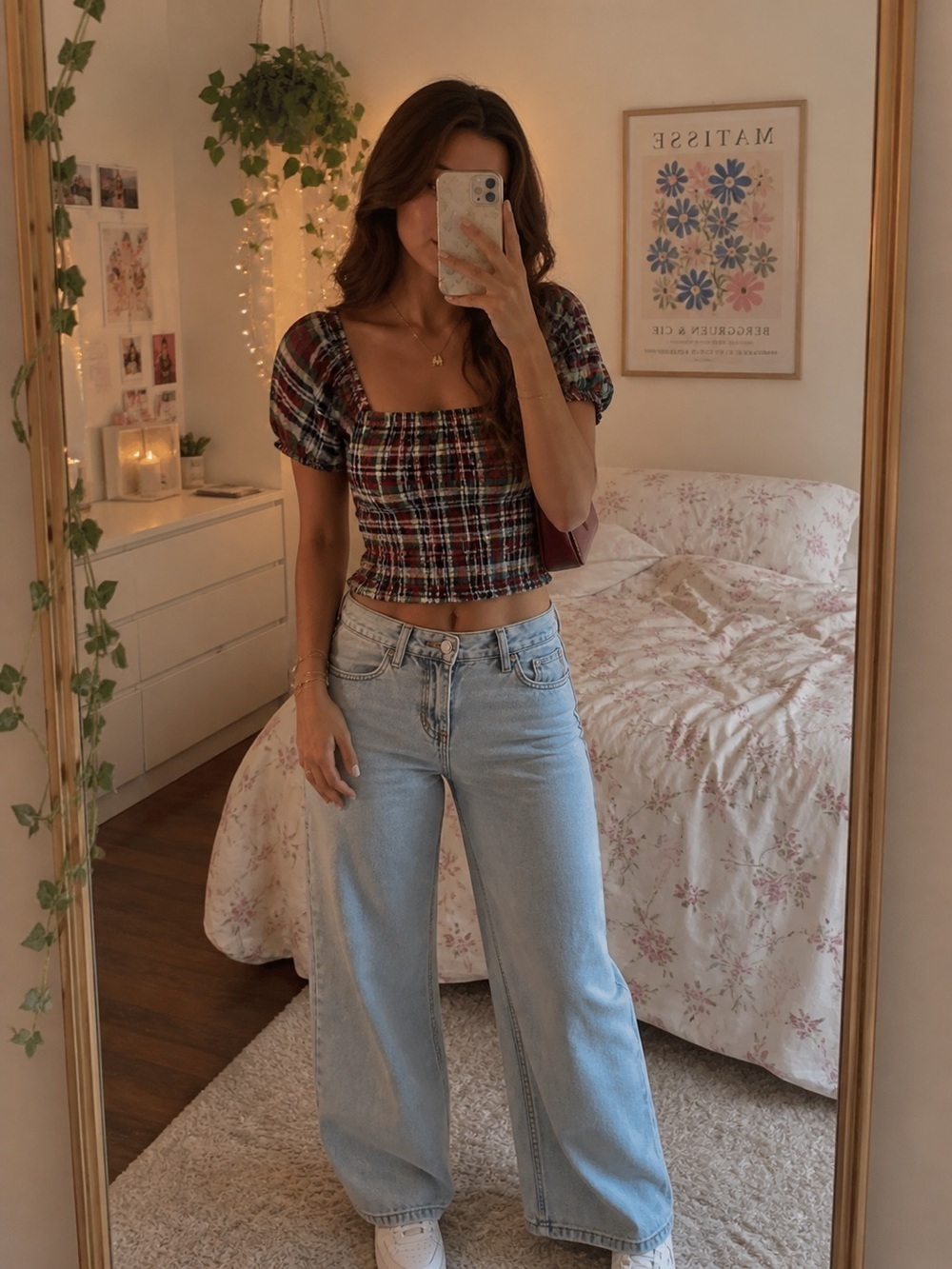 American Eagle Plaid Crop Top Puffy Sleeves